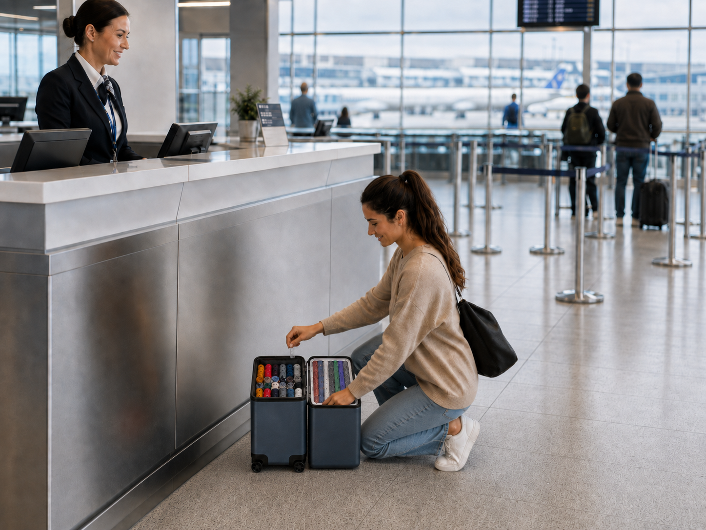 Traveller at an airport bag-drop counter reaching into an Uprijt carry-on that stands open on its wheels