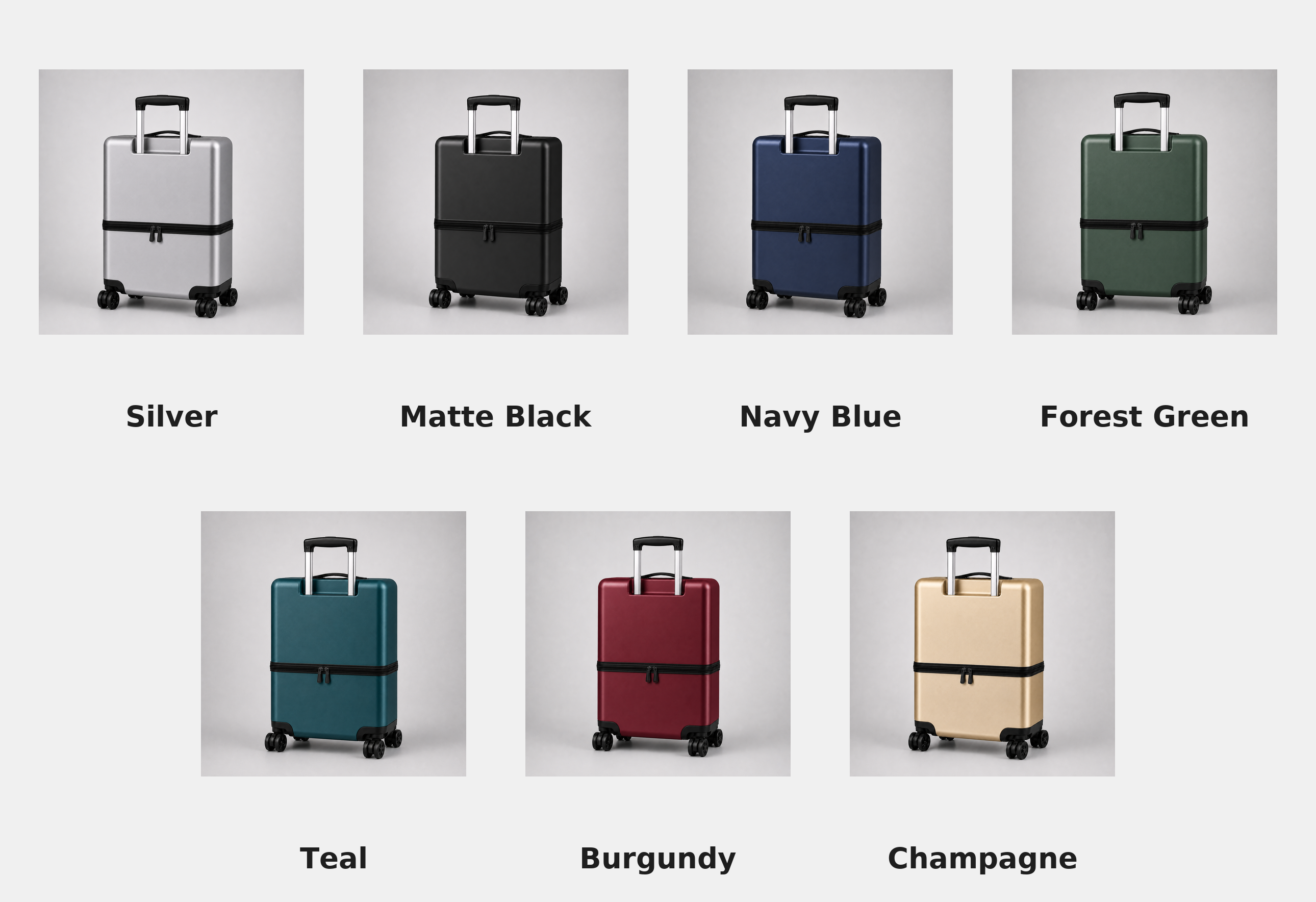 Uprijt carry-on color options: Silver, Matte Black, Navy Blue, Forest Green, Teal, Burgundy, and Champagne