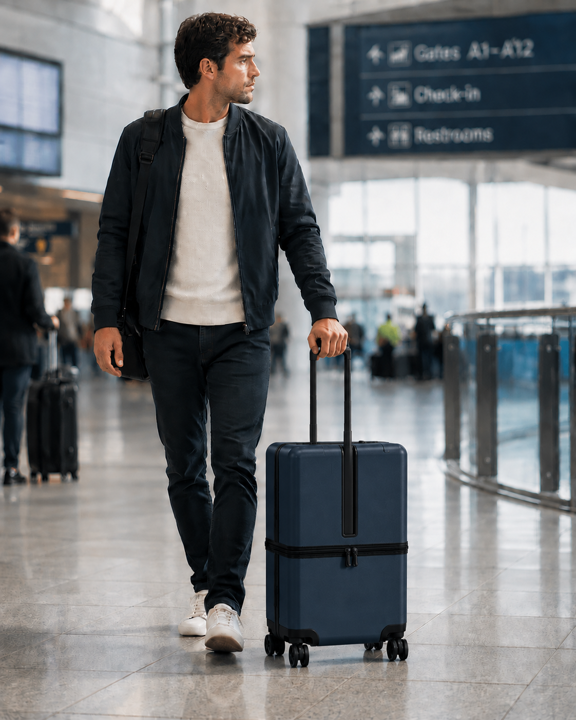 Traveller walking through an airport terminal with the navy Uprijt carry-on, straddle telescoping handle extended and equator zipper visible above the wheels