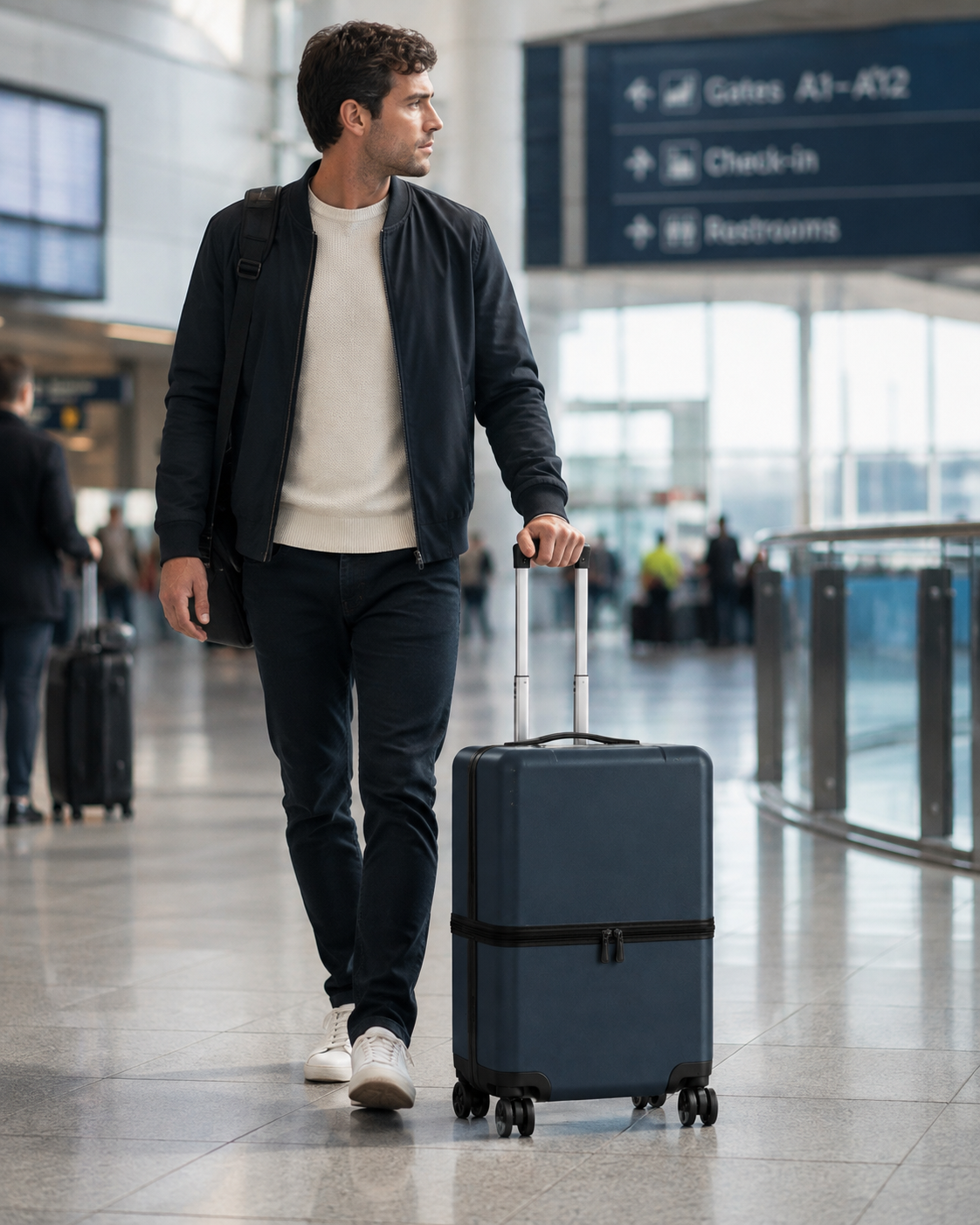 Traveller walking through an airport terminal with the Uprijt carry-on, equator zipper visible above the wheels