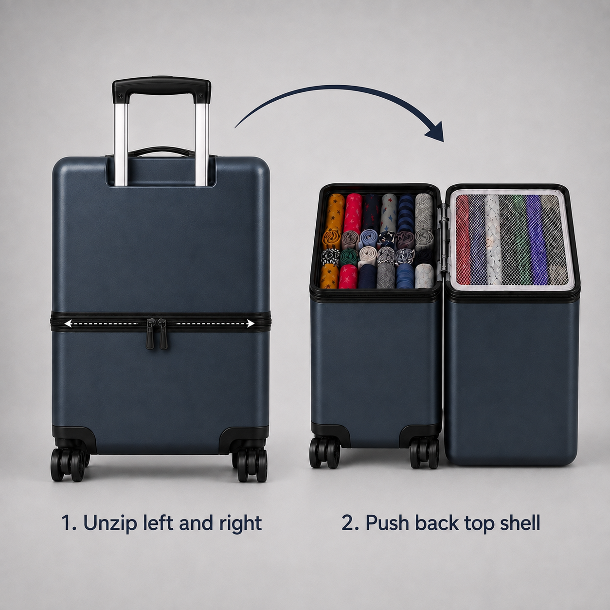 Two-step diagram: unzip the equator zipper left and right, then push back the top shell to reveal both packed halves with a mesh lining