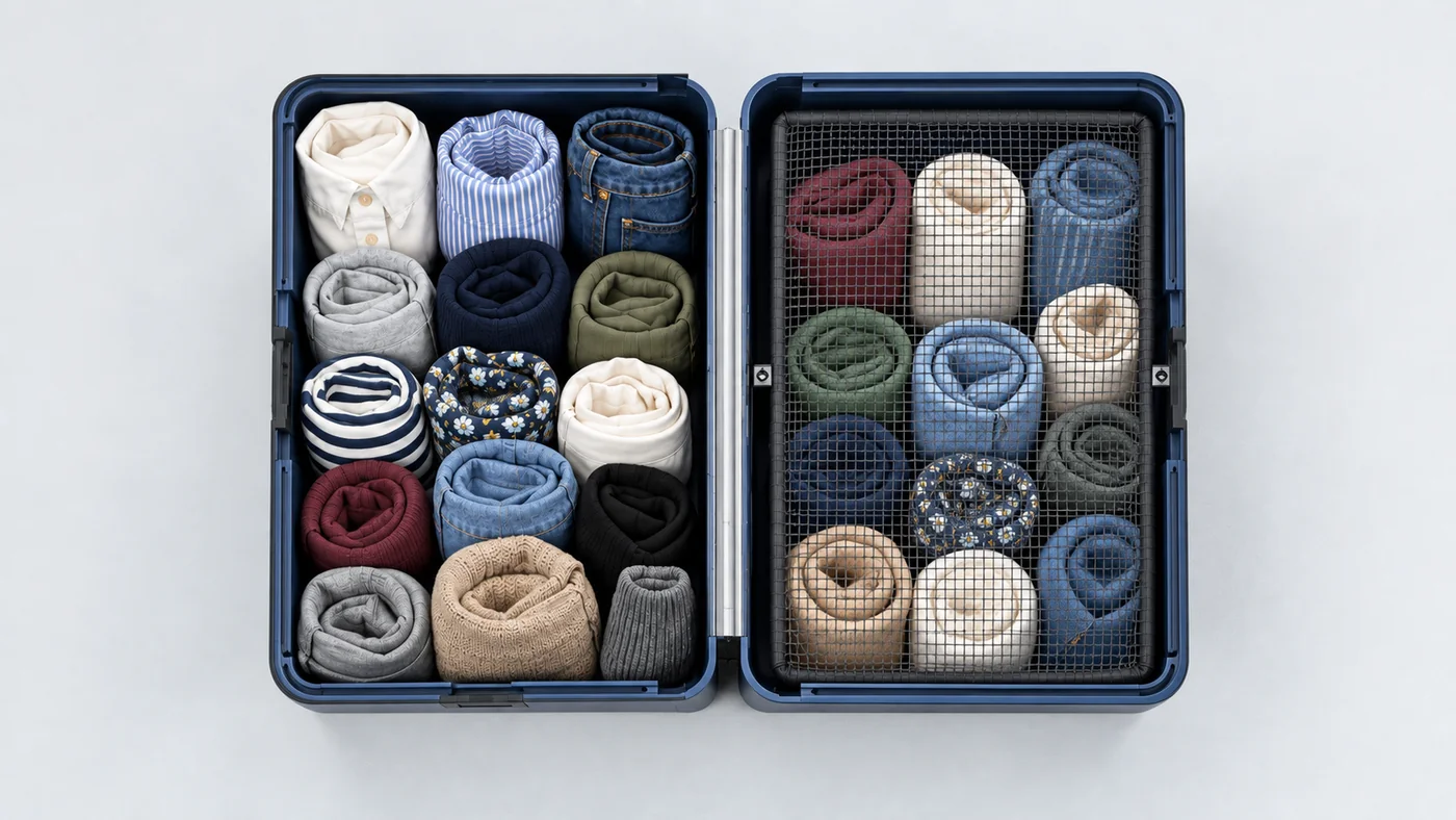 Open navy Uprijt suitcase packed with upright rolled garments, one half under the retaining mesh