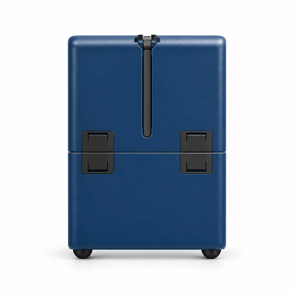 Front view of the closed navy Uprijt suitcase