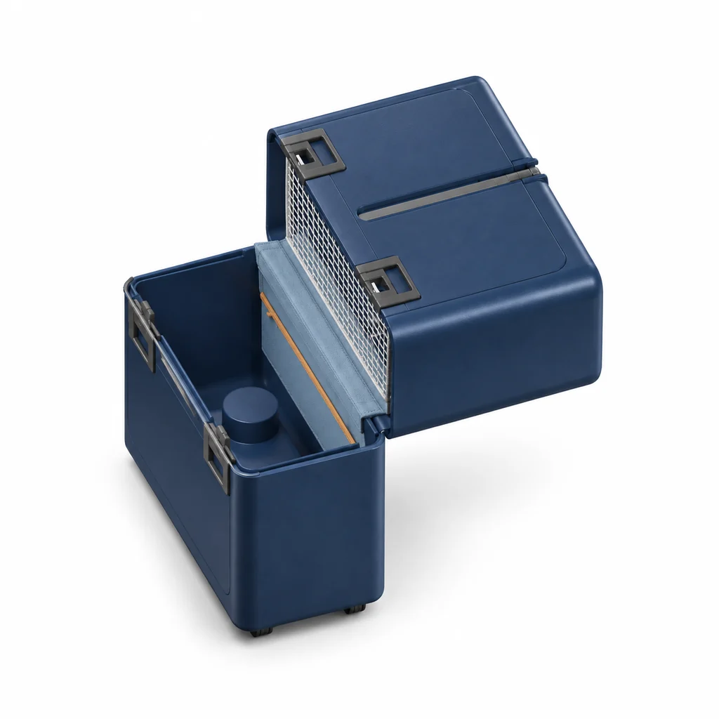 Navy Uprijt carry-on standing upright with its top shell open at 90 degrees