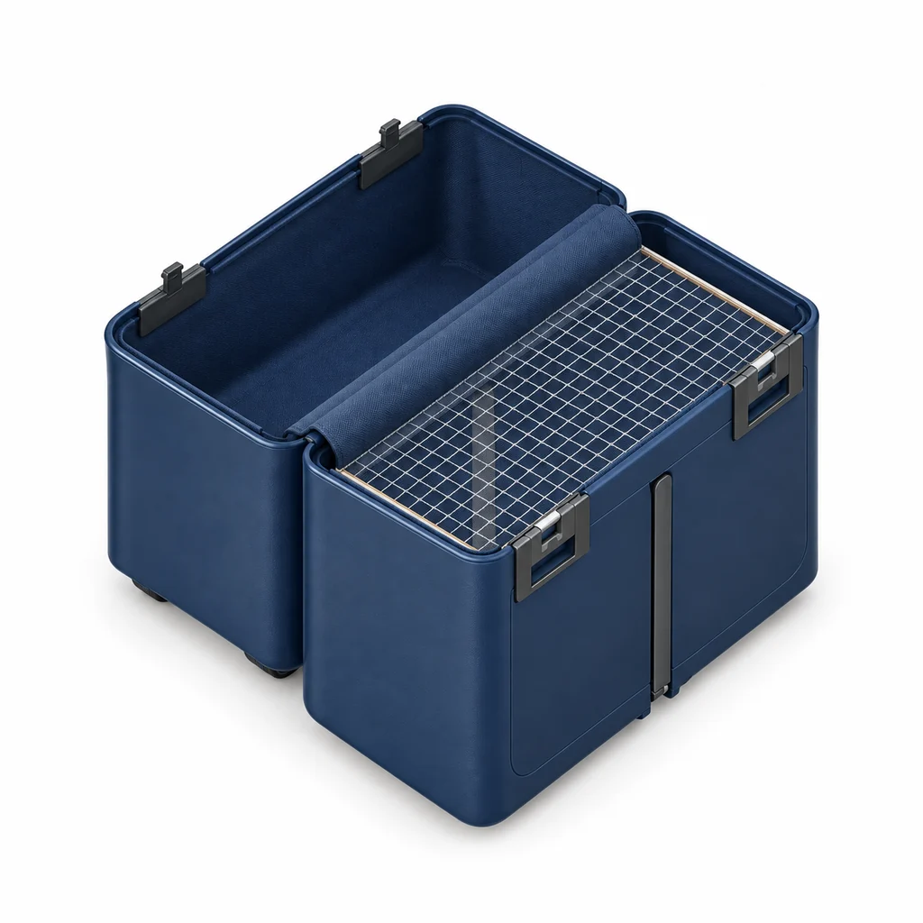 Navy Uprijt carry-on fully open, both empty compartments visible