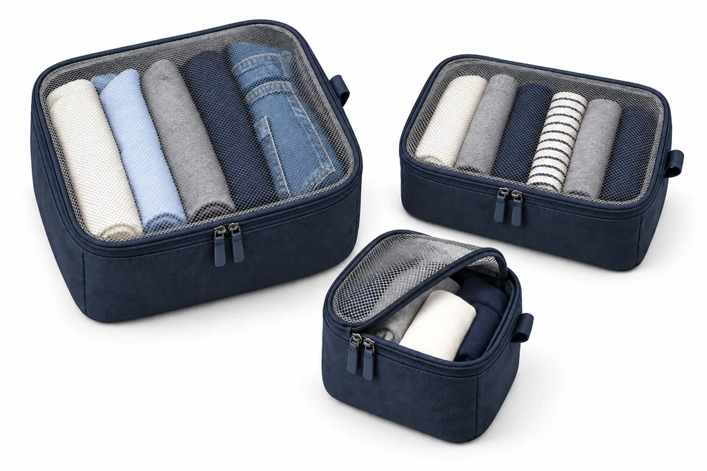 Navy Uprijt mesh packing organizers with mesh tops, filled with folded clothing