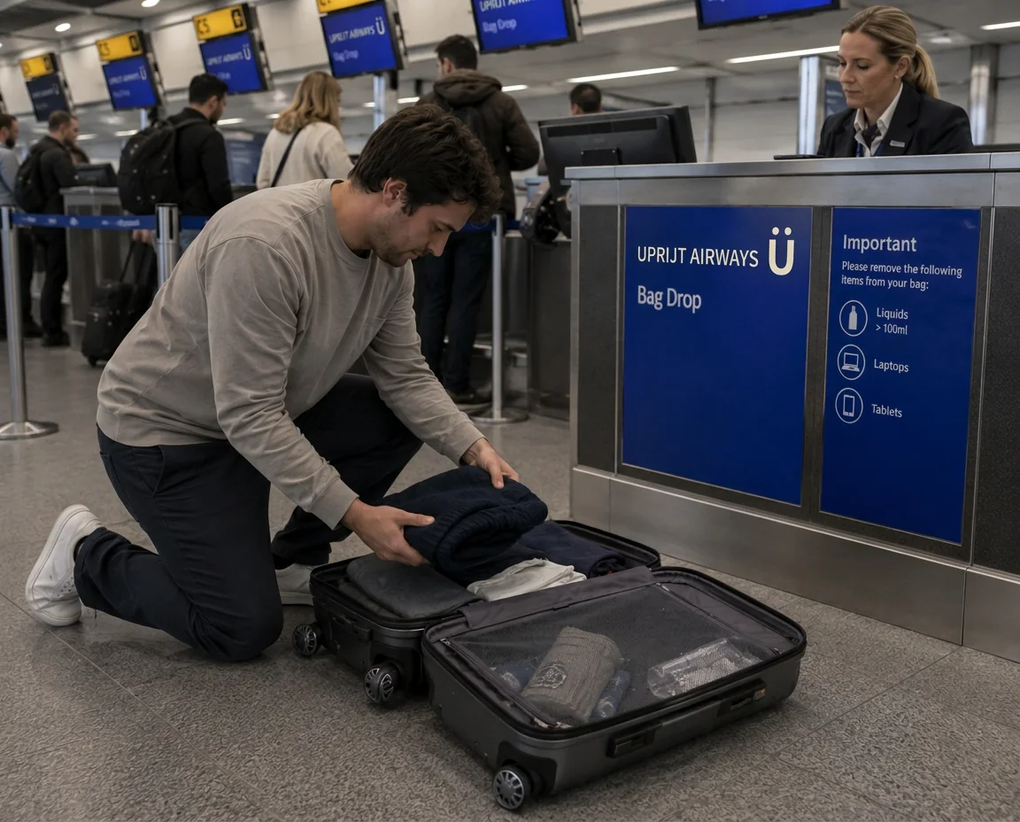 Traveller kneeling at an airport bag-drop counter, a traditional clamshell suitcase lying open flat on the floor beside him