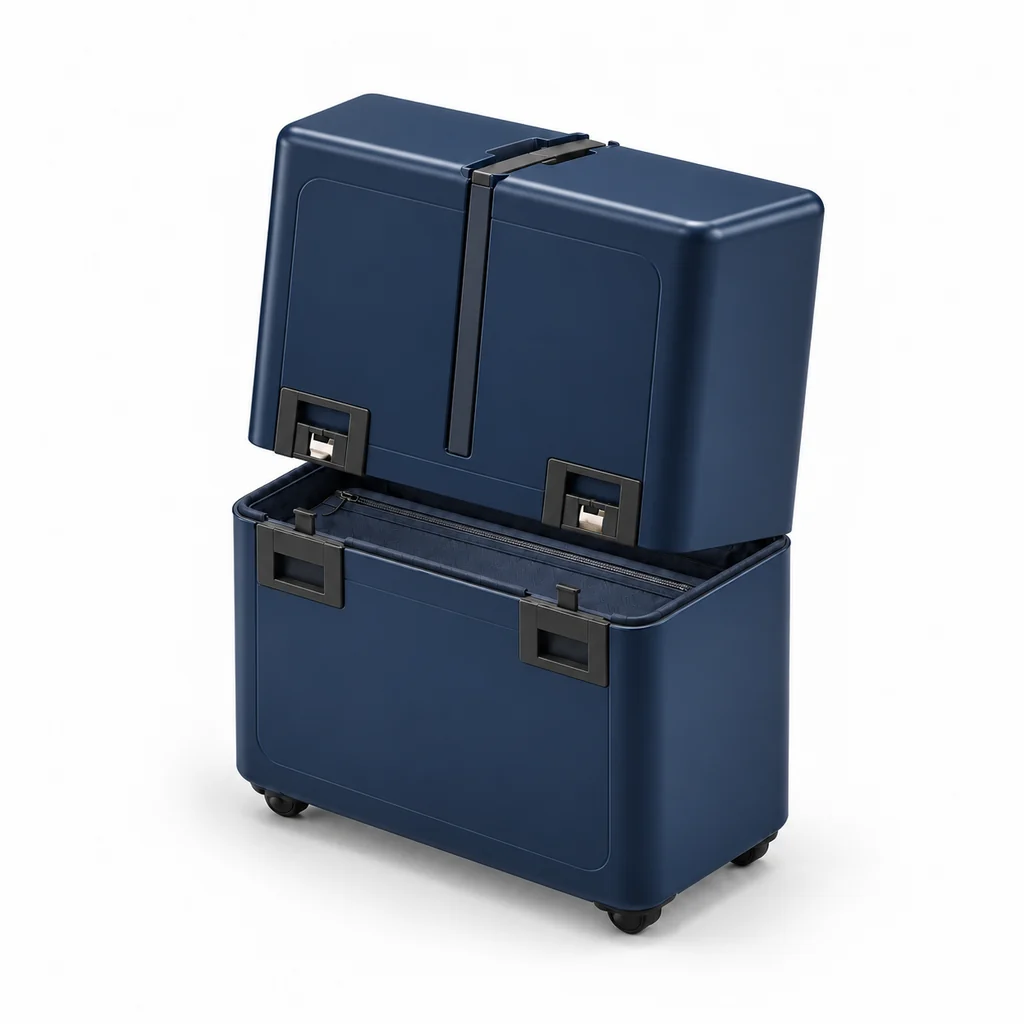 Navy Uprijt carry-on with its top shell just starting to open while standing upright